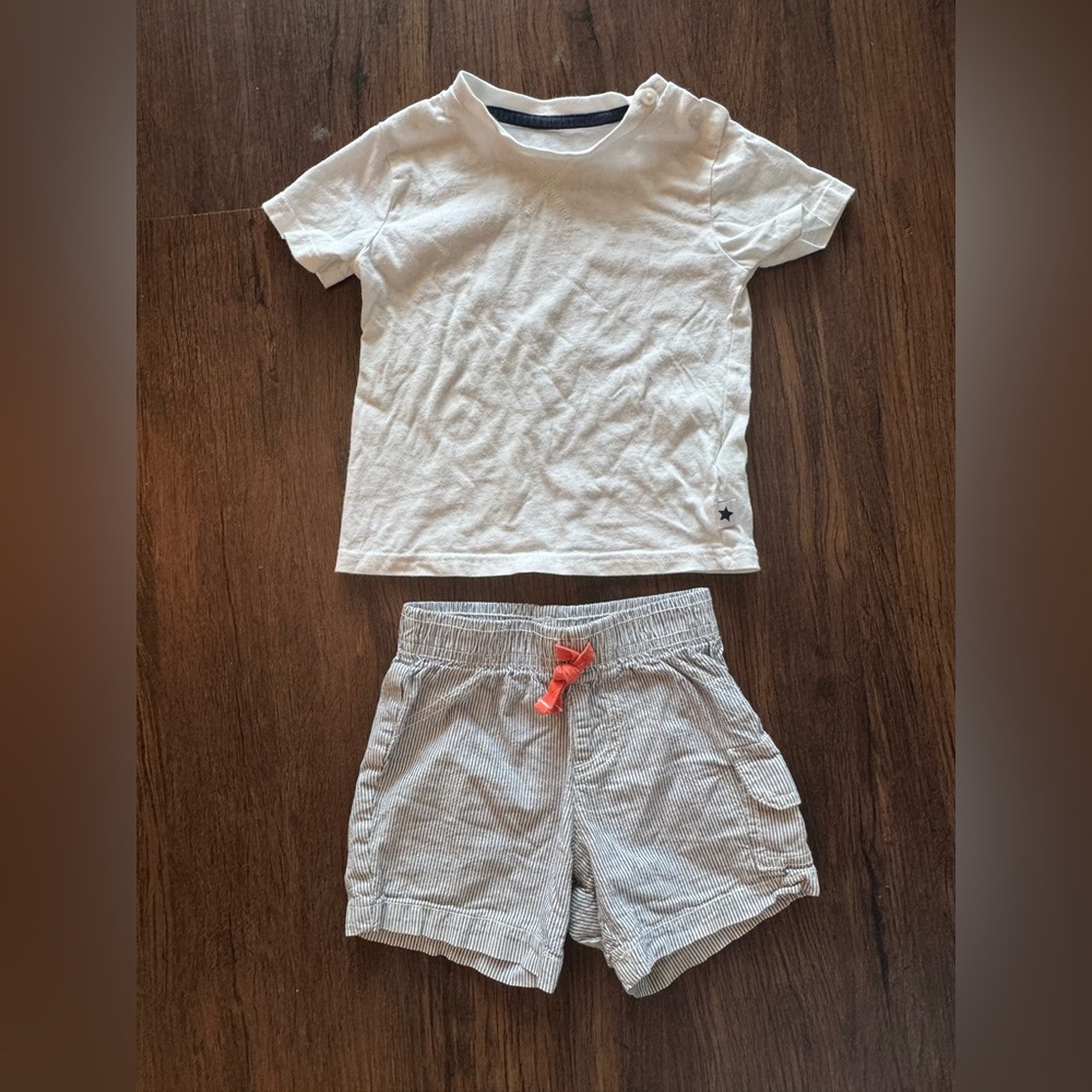 White Tee and Blue Seersucker Stripe Shorts Set
